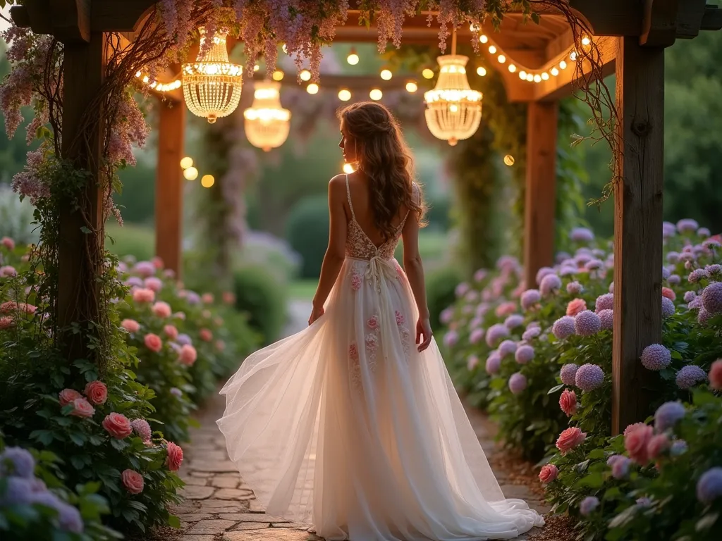 Ethereal Garden Fairy Dress at Twilight - A dreamy twilight scene in a lush English garden, where a woman wearing a flowing ivory tulle dress with delicate floral embroidery stands on a vintage stone patio. The dress ethereally catches the golden hour light, surrounded by blooming roses, wisteria, and lavender. Twinkling string lights drape overhead between weathered wooden pergola posts, while crystal chandeliers hang from flowering branches. Soft bokeh effect in background shows illuminated garden pathways lined with hydrangeas. The dress's intricate embroidered overlay catches a gentle breeze, creating magical movement against the romantic garden backdrop. Shot from a slightly low angle to emphasize the dress's ethereal quality and garden setting, with shallow depth of field.