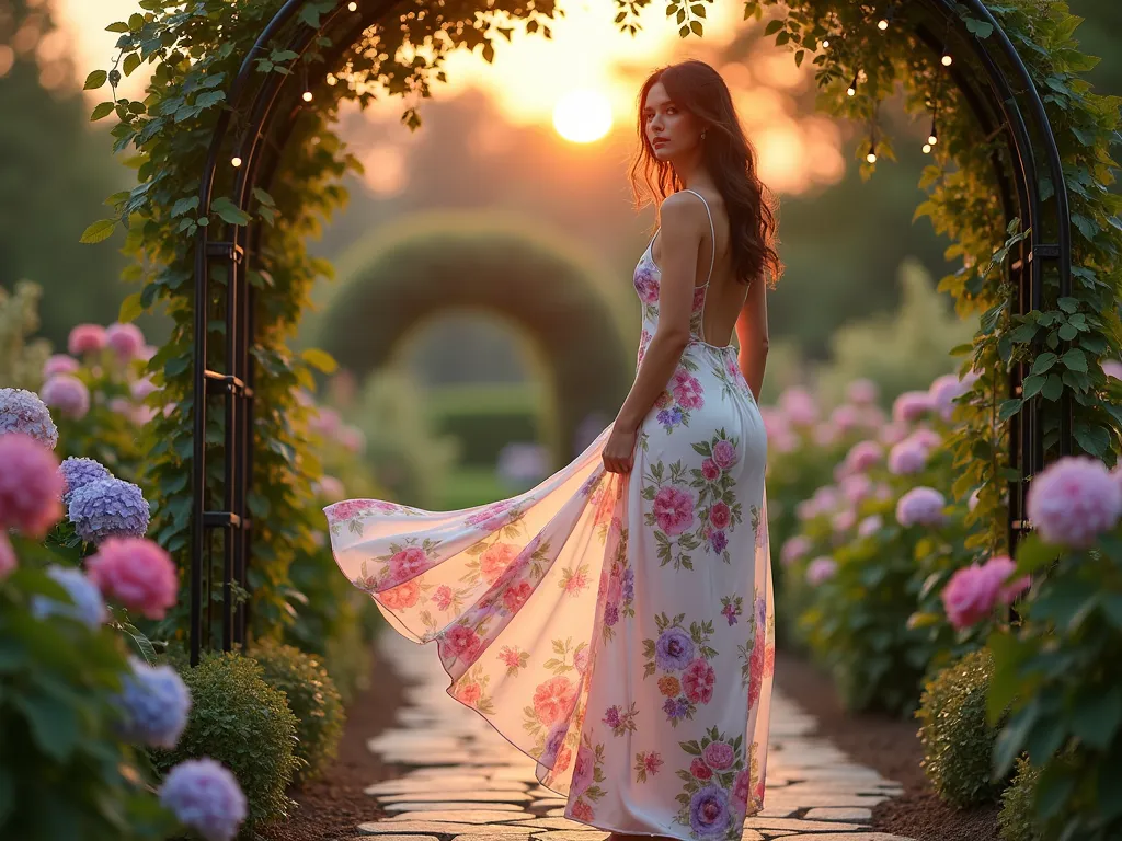 Ethereal Garden Watercolor Dress at Sunset - A dreamy twilight garden scene featuring a woman in a flowing silk slip dress with watercolor floral prints in soft pastels of pink, lavender, and sage green. She stands gracefully on a stone garden path surrounded by flowering hydrangeas and climbing roses. The dress catches the golden hour light, creating a luminous effect against the botanical backdrop. A vintage wrought-iron garden arch covered in wisteria frames the scene, while string lights twinkle overhead. The composition captures both the dress and the romantic garden setting in a wide-angle view, with subtle bokeh effects enhancing the ethereal atmosphere. Soft evening shadows and warm sunset lighting create a magical, painterly quality that complements the watercolor pattern of the dress.