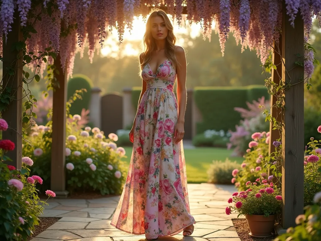 Floral Patchwork Garden Party Elegance - A golden hour garden scene featuring a woman in an artistic mixed floral patchwork maxi dress, standing on a stone patio surrounded by blooming English roses, lavender, and hydrangeas. The dress combines vintage and modern floral prints in soft pastels and vibrant jewel tones, creating a stunning visual tapestry. Natural light filters through a wooden pergola covered in climbing wisteria, casting dappled shadows on the dress. The background showcases a meticulously maintained English cottage garden with curved flowerbeds and a rustic iron garden gate. Shot from a three-quarter angle to capture both the intricate details of the patchwork dress and the romantic garden setting, with subtle lens flare adding to the dreamy atmosphere. Photorealistic, high-end fashion photography style.