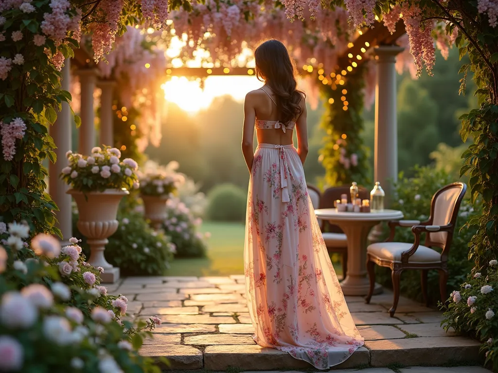 Two-Piece Floral Garden Party Ensemble at Dusk - A stunning wide-angle shot of a well-manicured English garden terrace at golden hour, featuring a model wearing an elegant two-piece floral ensemble. The crop top and flowing maxi skirt in soft pastel florals mirror the surrounding blooming garden. The model stands gracefully on vintage stone steps, surrounded by climbing roses and wisteria. Soft evening light filters through a pergola draped with fairy lights, creating a magical atmosphere. Vintage iron garden furniture and classical urns filled with hydrangeas complete the sophisticated garden party setting. Dreamy bokeh effect in background with string lights, photorealistic, high-fashion photography style, ethereal lighting.