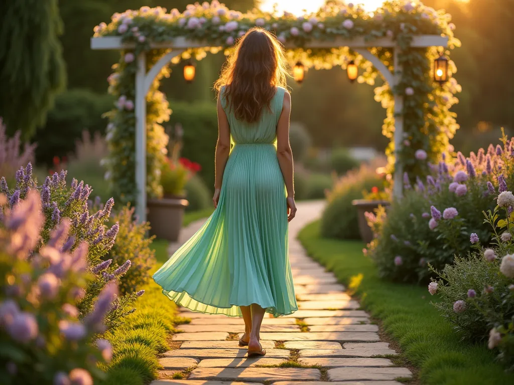 Elegant Garden Soirée in Pleated Pastel - A golden hour scene in a lush English garden, featuring a woman in a flowing mint-green pleated midi dress. The accordion pleats catch the warm evening light as she gracefully walks along a curved stone pathway. Surrounding her are blooming lavender borders and climbing roses on antique trellises. The dress's ethereal movement is emphasized against the backdrop of a whitewashed garden pergola draped with wisteria. Soft bokeh effect in the background captures string lights and scattered garden lanterns. The composition is taken from a medium-wide angle, slightly low to emphasize the dress's movement and the garden's enchanting atmosphere. Photorealistic, cinematic lighting, 85mm lens effect.