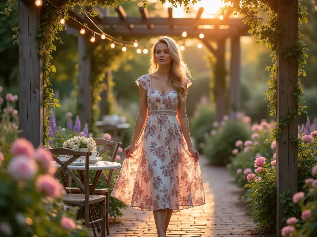 Elegant Garden Tea Party Dress at Dusk - A dreamy garden scene at golden hour, featuring a woman in a flowing, floral-print cap-sleeve tea dress in soft pastels. She's standing on a vintage-inspired brick patio surrounded by blooming English roses, lavender, and delphinium. Strands of warm cafe lights hang overhead between weathered wooden pergola posts draped with climbing roses. Soft bokeh effect captures the ethereal evening light, while antique garden furniture and a delicate china tea set create a romantic backdrop. The dress's cap sleeves catch the gentle breeze, with the midi-length hem floating gracefully among the flower beds. Shot from a medium angle to showcase both the dress's classic silhouette and the enchanting garden setting, with subtle lens flare adding to the romantic atmosphere.