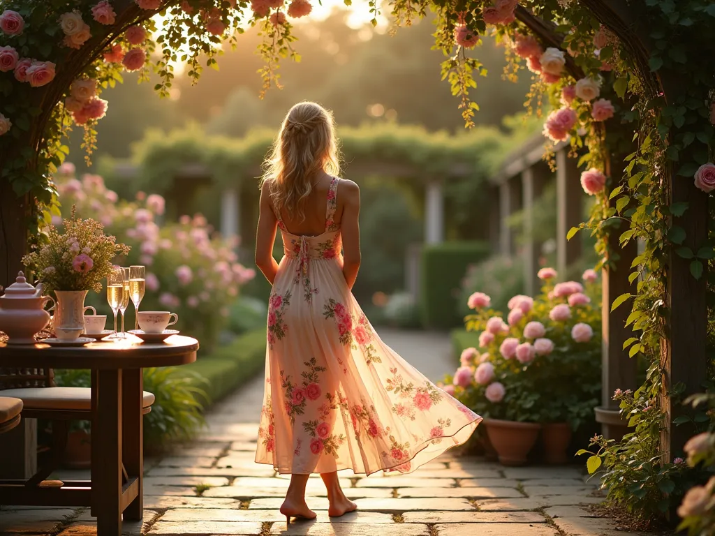 Romantic Rose Garden Midi Dress Soirée - A stunning golden-hour garden scene featuring a woman in an elegant midi dress with delicate rose prints, standing on a weathered stone patio. The dress flows gently in the breeze, surrounded by climbing roses on vintage trellises. Soft evening light filters through a pergola draped with wisteria, creating a dreamy atmosphere. In the background, a manicured English garden features blooming rose bushes in pink and cream. Crystal champagne glasses and vintage tea settings adorn a nearby antique wooden table. The composition captures both the dress and the romantic garden setting in a wide-angle perspective, with fairy lights twinkling overhead.