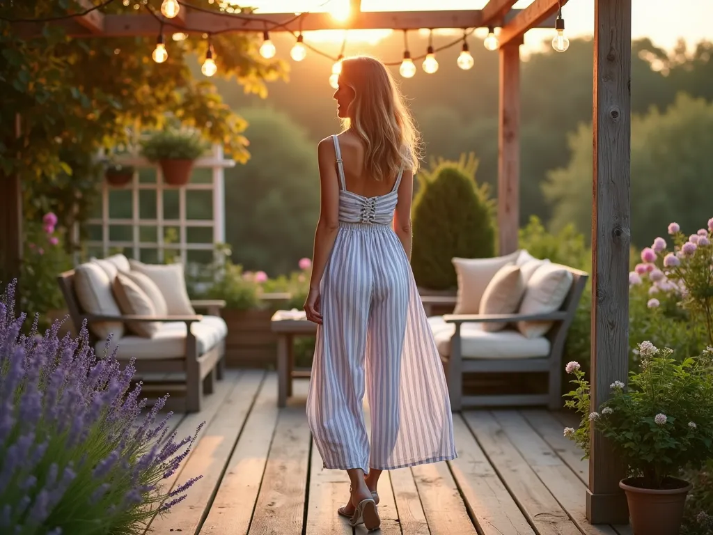 Elegant Garden Party Striped Linen Sundress - A golden hour scene featuring a woman in an airy white and blue striped linen sundress, standing on a weathered wooden deck surrounded by lavender and hydrangea bushes. The dress flows gently in the evening breeze, its natural fabric catching the warm light. Behind her, a string of vintage Edison bulbs hangs between wooden posts, and rustic garden furniture with cream cushions creates an intimate seating area. Soft bokeh effect in the background shows glimpses of a manicured garden with climbing roses on a white trellis. The composition is shot at a medium angle, capturing both the casual elegance of the dress and the enchanting garden party setting, photorealistic style, 8k quality