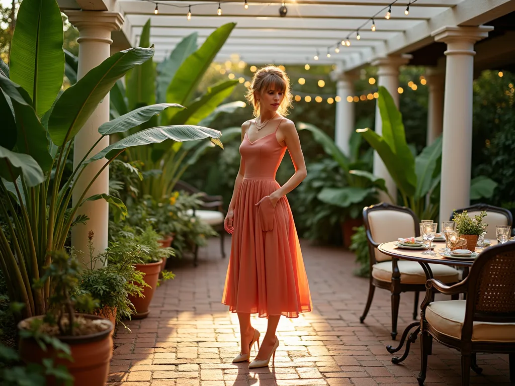 Elegant Garden Soirée with Vintage Palm Dress - A stunning late afternoon garden scene captured with a DSLR wide-angle lens, showing a woman in an elegant 1950s-style midi dress adorned with large vintage palm fronds in muted green and coral tones. She's standing on a classic brick patio surrounded by lush tropical plants and potted palms. Warm golden hour lighting filters through surrounding banana leaves, casting dappled shadows on the weathered brick. The dress features a fitted bodice and flowing skirt, perfectly complementing the garden's colonial-revival aesthetic. String lights twinkle overhead between white pergola beams, while antique wrought iron furniture with plush cushions creates an inviting seating area in the background. Crystal glasses and vintage botanical-print tableware adorn a nearby garden table. f/8, ISO 100, 1/125 sec, natural lighting emphasizing the rich textures and nostalgic ambiance.