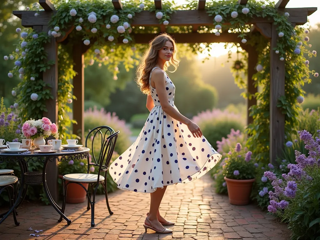 Vintage Garden Polka Dot Dress Afternoon Tea - A enchanting late afternoon garden scene featuring a woman in a flowing white and navy polka dot swing dress with a full skirt, standing gracefully on a vintage brick patio. The dress catches a gentle breeze as she stands near an ornate wrought iron garden table set for afternoon tea. The background showcases a lush English cottage garden with blooming lavender, roses, and hydrangeas. Soft golden hour lighting filters through a weathered wooden pergola covered in climbing wisteria, creating a dreamy, nostalgic atmosphere. The scene is styled with vintage garden elements including antique teacups, classic garden furniture, and scattered rose petals on the brick paving. Photorealistic, cinematic lighting, soft focus, high-end fashion photography style.