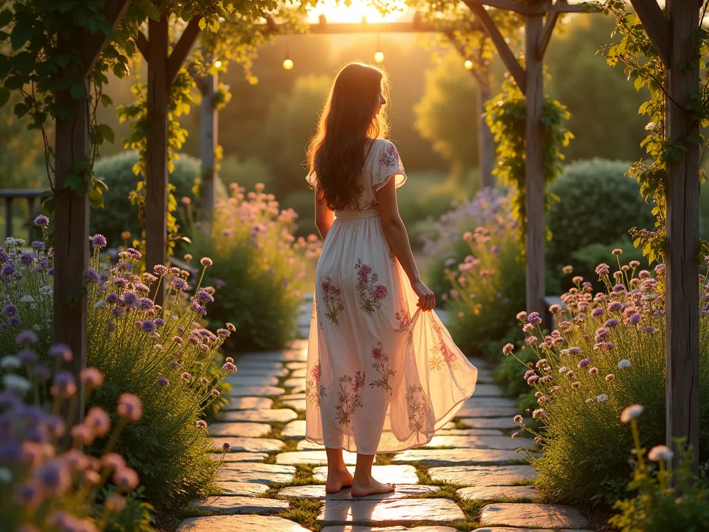 Peasant Dress Garden Twilight - A golden hour garden scene featuring a woman in a flowing peasant dress adorned with delicate wildflower prints, standing on a rustic stone patio. The dress's soft, billowing fabric catches the evening breeze, surrounded by a dreamy cottage garden filled with blooming wildflowers. Natural stone steps lead to a whimsical garden path, lined with purple coneflowers, daisies, and Queen Anne's lace. Fairy lights strung between vintage wooden posts create a magical atmosphere, while climbing roses on a weathered trellis frame the scene. Soft, warm sunset lighting creates long shadows and a romantic ambiance, cinematic composition, photorealistic style, f/2.8 aperture for subtle background blur.