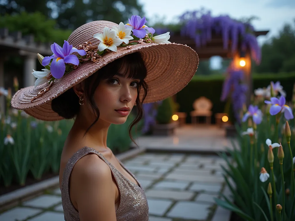 Art Nouveau Garden Party Elegance - A twilight garden scene captured with a DSLR wide-angle lens, showing an elegant stone patio surrounded by flowing curved garden beds. In the foreground, a woman wearing a stunning Art Nouveau-inspired wide-brimmed hat adorned with metallic copper and gold elements intertwined with fresh purple iris and white lilies. The hat's organic, curving lines mirror the garden's design, where tall iris and lily flowers bloom in abundance. Soft garden lighting creates a magical atmosphere, highlighting the metallic elements of the hat against the backdrop of a classic pergola draped with wisteria. The sophisticated composition includes Art Nouveau-style copper garden furniture and decorative elements, creating a harmonious blend of historical artistry and natural beauty, f/8, ISO 100, 1/125 shutter speed.