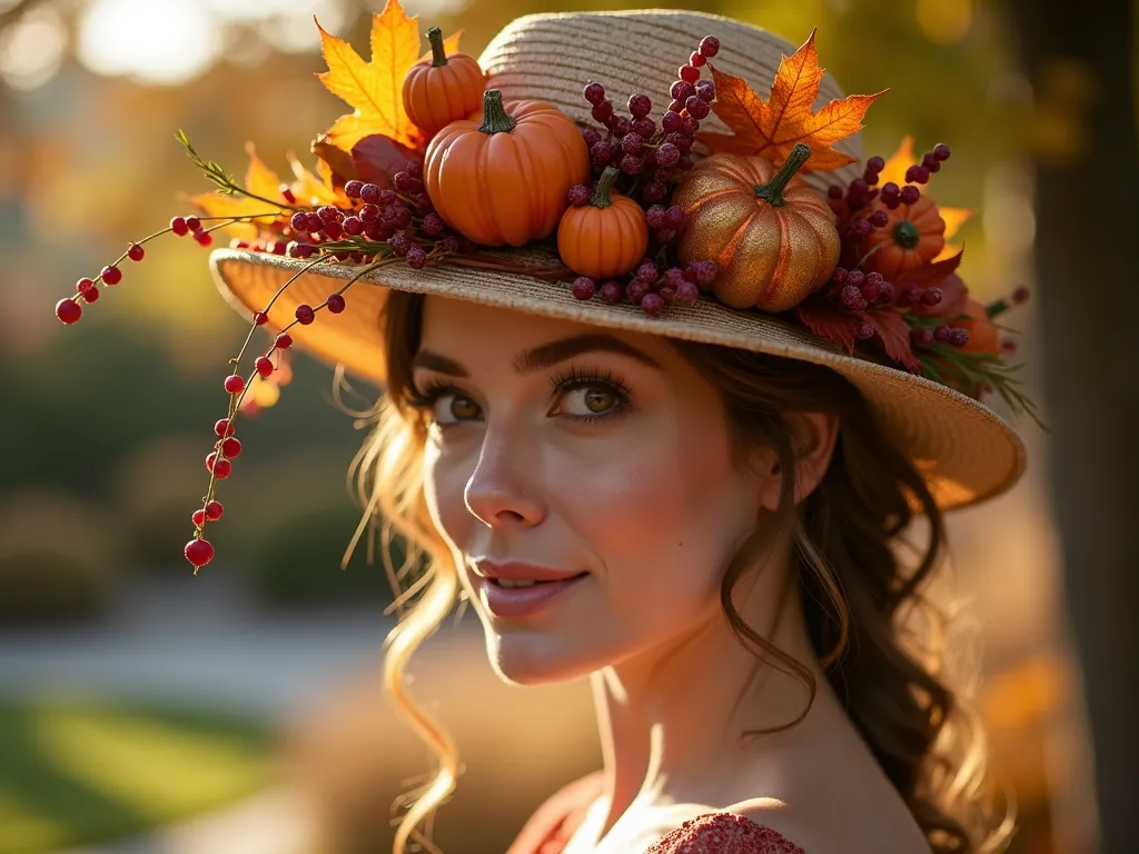 Enchanting Autumn Garden Hat Celebration - A close-up, dreamy portrait shot of an elegant woman wearing a breathtaking autumn-themed garden party hat against a blurred garden background at golden hour. The hat is a masterfully crafted crown adorned with small, artistically arranged artificial copper-colored pumpkins, golden wheat stalks, and richly colored maple leaves in deep reds and burnt oranges. Delicate clusters of burgundy berries and twisting grapevines weave throughout the design. Soft, warm sunlight filters through the leaves of a nearby maple tree, casting dappled shadows across a rustic stone patio. The background features out-of-focus autumn garden elements including ornamental grasses and late-blooming perennials. Shot with shallow depth of field, creating a magical, ethereal atmosphere that emphasizes the intricate details of the harvest crown. Photorealistic, high-end fashion photography style.