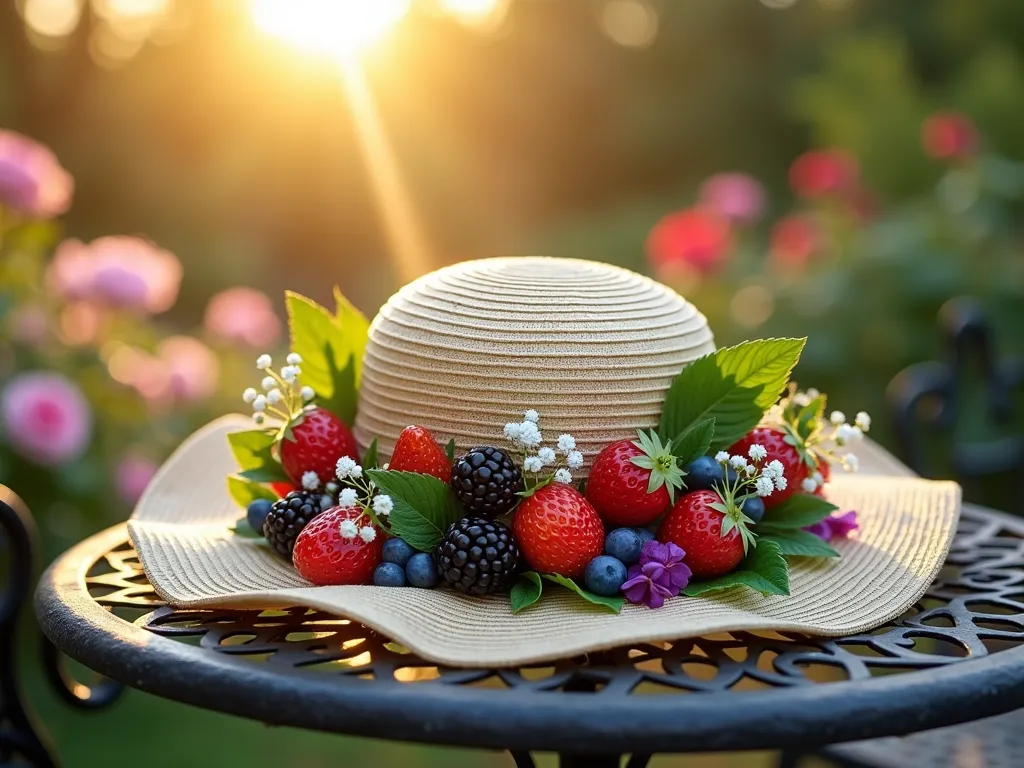 Berry Harvest Garden Party Hat - Close-up shot of an elegant wide-brimmed sunhat adorned with a lush arrangement of lifelike artificial berries - vibrant red strawberries, deep purple blackberries, and plump blueberries nestled among fresh green leaves and delicate white baby's breath flowers. The hat is photographed in a sun-dappled garden setting during golden hour, with a blurred background of blooming roses and garden furniture. The hat rests on a vintage wrought-iron garden table, with soft evening light filtering through nearby trees, creating a magical, enchanted garden atmosphere. Photorealistic, detailed texture, soft natural lighting, shallow depth of field.