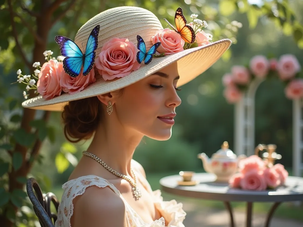 Enchanted Butterfly Garden Hat Soiree - Close-up cinematic shot of an elegant woman wearing a wide-brimmed garden hat adorned with lifelike silk butterflies in shades of blue, pink, and monarch orange, delicately perched among fresh pink garden roses, white baby's breath, and cascading English ivy. The hat is photographed in a dreamy afternoon garden setting with soft, natural sunlight filtering through overhead tree branches, creating a magical bokeh effect. In the background, a vintage wrought-iron garden table set for afternoon tea is visible, with blooming English roses climbing a weathered garden trellis. Photorealistic, high detail, professional photography, soft focus edges, ethereal atmosphere.