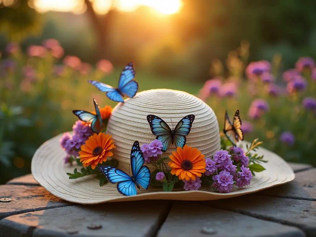 Enchanting Butterfly Garden Party Hat - Close-up shot of an elegant wide-brimmed garden party hat adorned with lifelike artificial butterflies in vibrant blues, oranges, and purples, delicately perched among fresh lantana clusters and butterfly bush blooms during golden hour. The hat rests on a vintage garden table on a rustic stone patio, with a blurred background showing a lush garden. Soft evening sunlight filters through nearby trees, creating a magical, ethereal atmosphere with gentle bokeh effects. Shot with a 16-35mm lens at f/2.8, ISO 400, capturing the intricate details of the butterflies and flowers while maintaining a dreamy garden party ambiance.