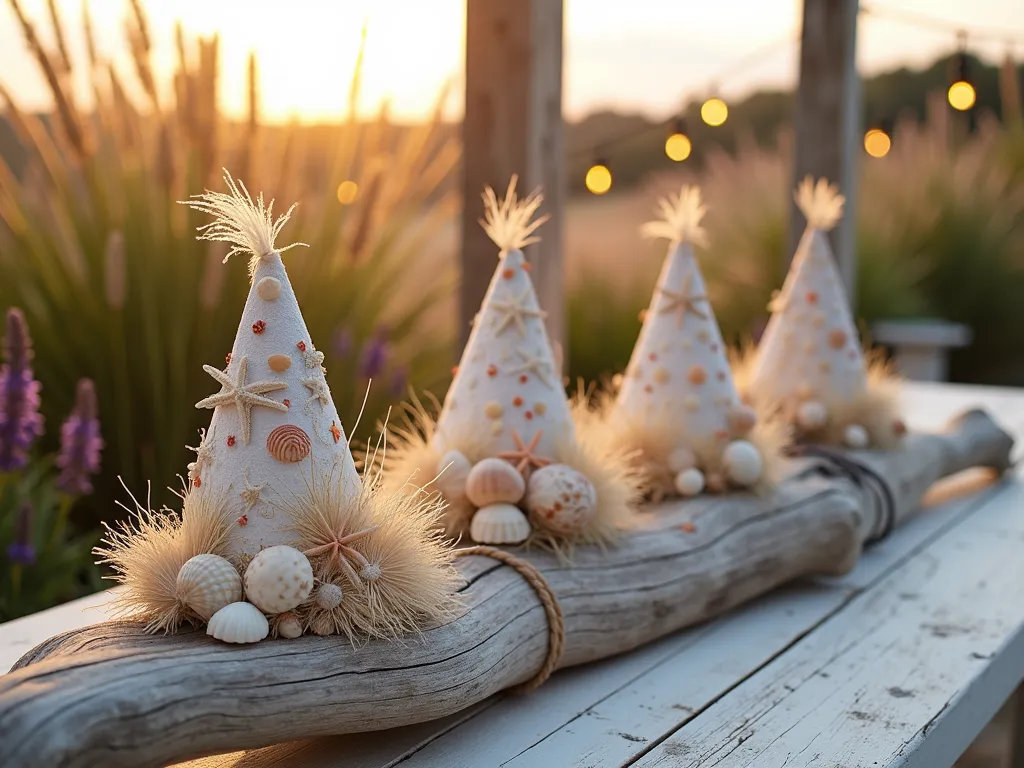 Coastal Garden Party Hat Display - A stunning DSLR wide-angle shot of an elegant garden party setup at golden hour, featuring a weathered driftwood table adorned with coastal-inspired party hats. The hats are decorated with delicate seashells, starfish, and wispy sea grasses, perfectly complementing the surrounding coastal garden landscape. Beach roses, ornamental grasses, and lavender sway gently in the background, while string lights twinkle overhead between wooden posts. The scene is set on a whitewashed wooden deck overlooking a natural beach garden, with sea oats and coastal succulents adding texture. Natural sunlight filters through the scene, creating a warm, ethereal atmosphere that highlights the intricate details of the seashell-adorned hats. Shot at f/8 for optimal depth of field, capturing both the detailed hat decorations and the dreamy coastal garden backdrop.