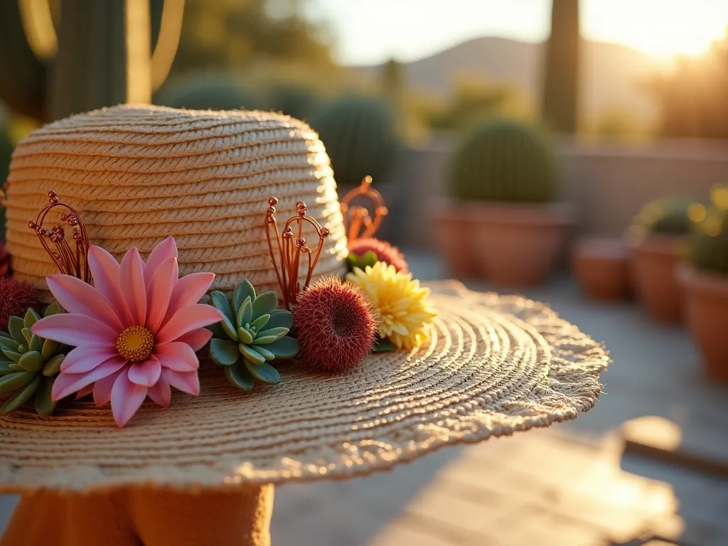 Desert Bloom Garden Party Hat - A close-up shot of an elegant wide-brimmed straw hat adorned with a stunning arrangement of desert flora, photographed in a modern southwestern garden setting during golden hour. The hat features artfully placed artificial succulents, vibrant pink barrel cactus blooms, delicate copper wire sculptures shaped like ocotillo branches, and pale yellow desert marigolds. The background showcases a blurred desert-inspired garden patio with weathered terracotta pots, natural stone pavers, and towering saguaro cacti. Soft, warm sunlight filters through the scene, creating dramatic shadows and highlighting the metallic copper elements. Shot with a 16-35mm lens at f/2.8, ISO 400, capturing rich details and creating a dreamy bokeh effect.