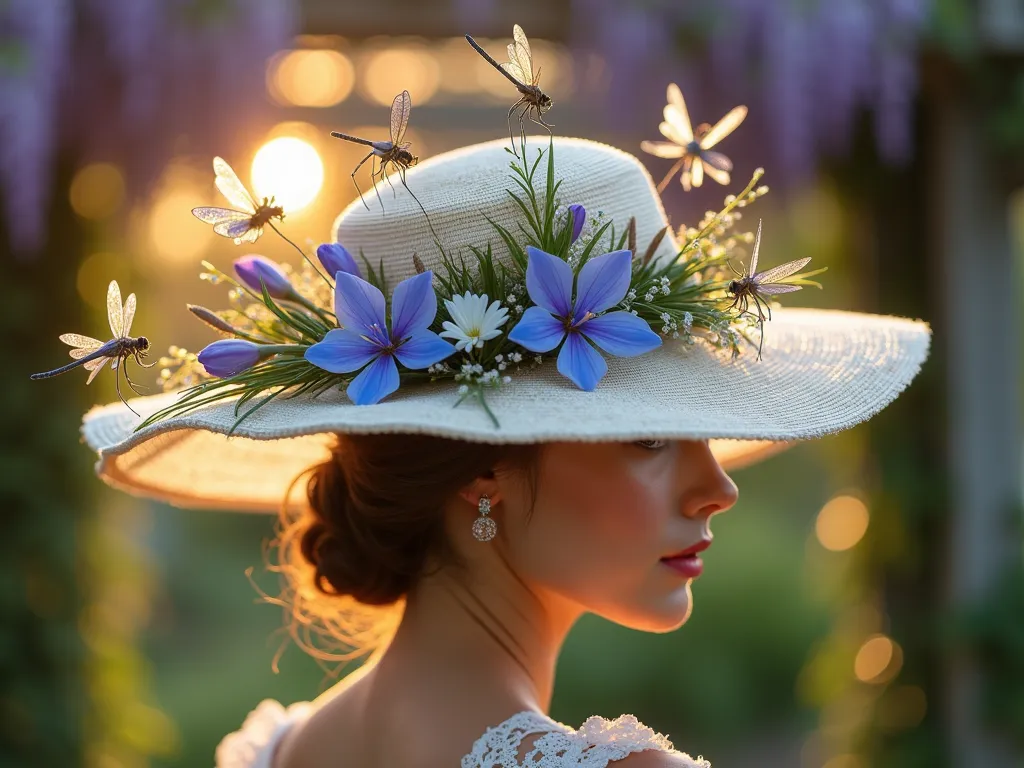 Dragonfly Garden Hat Elegance - A close-up magical portrait of an ethereal garden hat adorned with shimmering, iridescent dragonflies catching the golden hour sunlight. The hat features delicate blue and purple iris flowers, silvery cattails, and wispy ornamental grasses artfully arranged around its wide brim. The dragonflies appear to hover and dance above the natural elements, their wings reflecting prismatic colors. The background shows a soft-focused garden setting with a weathered wooden pergola draped in wisteria, creating a dreamy atmosphere perfect for a sophisticated garden party. Photorealistic, high detail, professional photography, bokeh effect.