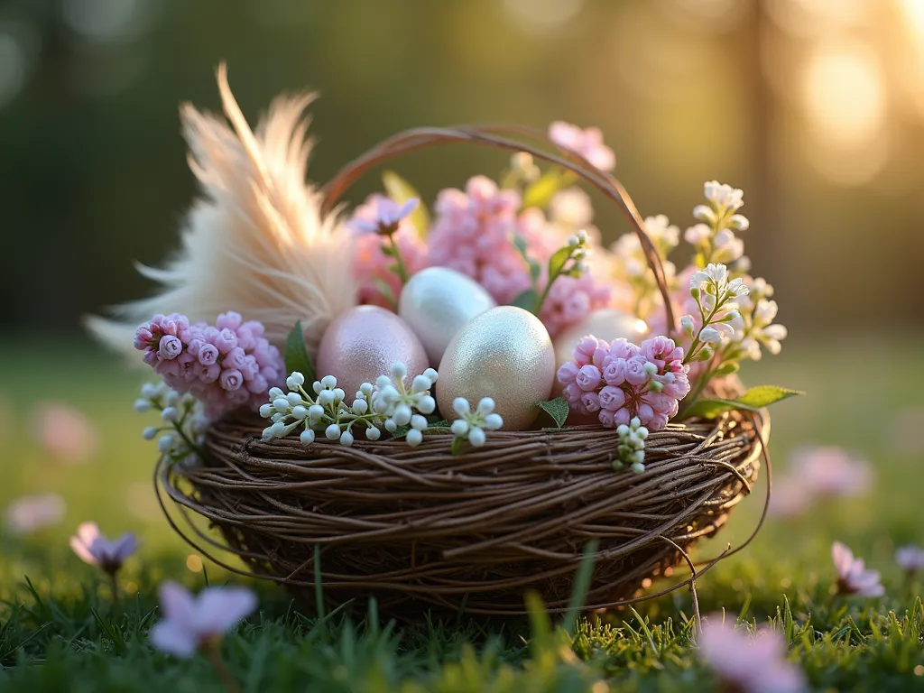 Enchanted Bird's Nest Garden Party Hat - Close-up shot of an elegant garden party hat designed as a sophisticated bird's nest, set against a blurred English garden background at golden hour. The hat features a meticulously woven base adorned with pearl-like robin's eggs, iridescent pheasant feathers, and delicate sprigs of baby's breath, pale pink cherry blossoms, and white lilac flowers. Soft evening sunlight filters through nearby trees, creating a magical, dappled effect on the hat's intricate details. Shot with shallow depth of field highlighting the natural textures and whimsical design elements. 16-35mm lens, f/2.8, ISO 400, capturing the ethereal garden party atmosphere.