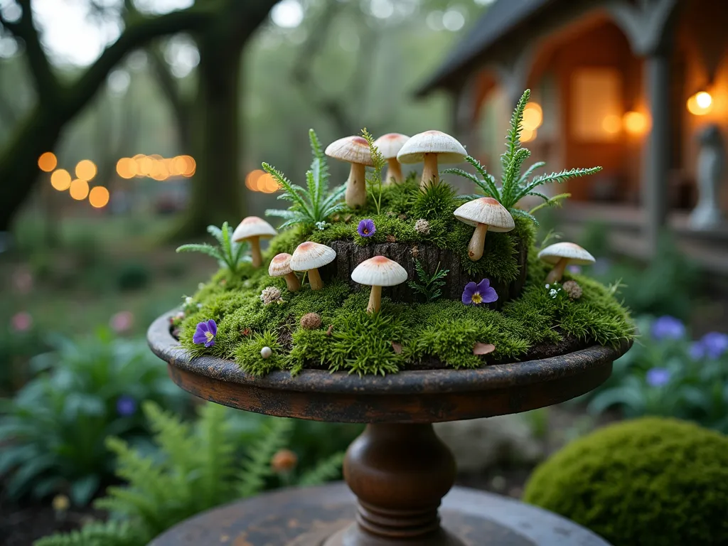 Enchanted Woodland Garden Hat Display - A close-up photograph of an elegant garden party scene at dusk, featuring a whimsical hat adorned with live moss, tiny artificial mushrooms, and delicate ferns, displayed on a vintage wooden pedestal. The hat sits in a magical garden setting with soft, diffused lighting filtering through overhead tree branches. Natural forest elements like wild violets, wood sorrel, and miniature white mushrooms cascade down the hat's brim. Fairy lights twinkle in the background, creating a dreamy atmosphere. Shot with shallow depth of field highlighting the intricate details of the woodland-inspired hat design. The surrounding garden features naturalistic landscaping with native ferns, moss-covered stones, and flowering shade perennials.