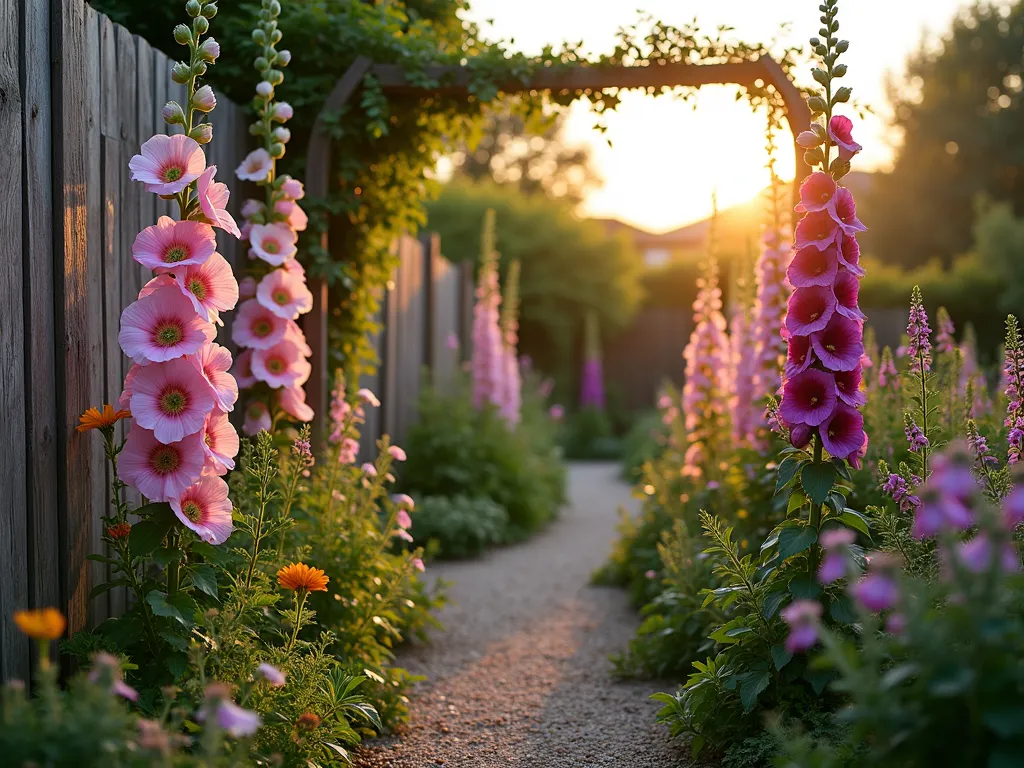 Enchanting Cottage Garden with Blooming Hollyhocks - A dreamy early evening scene of a charming cottage garden, photographed in soft golden hour light. Towering hollyhocks in shades of pink and purple stand gracefully against a weathered wooden fence, while delicate foxgloves sway in the gentle breeze. Climbing roses in pale pink cascade over a rustic garden arch, their blooms intermingling with the other flowers. The garden has a natural, informal layout with gravel pathways weaving through the abundant plantings. Patches of wildflowers and cottage garden favorites create a romantic, slightly wild atmosphere. Shot from a medium-low angle to emphasize the majestic height of the hollyhocks against the warm sunset sky, with some flowers in soft focus to create depth.