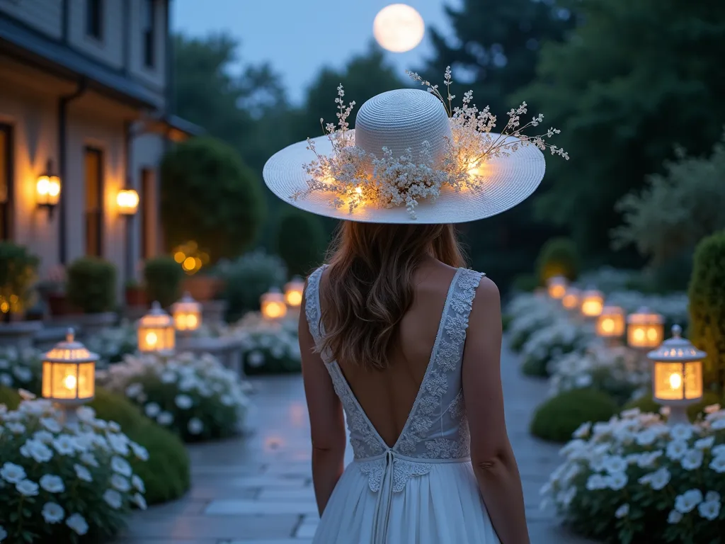 Ethereal Moon Garden Party Hat - A stunning twilight garden scene featuring an elegant woman wearing a wide-brimmed hat adorned with cascading white moonflowers, silver dusty miller, and delicate fairy lights. The hat casts enchanting shadows on a luxurious stone patio surrounded by illuminated white garden beds filled with blooming white roses, luminous white phlox, and silvery lamb's ear. Soft garden lighting and decorative lanterns create a mystical atmosphere, while the full moon peeks through overhead tree branches. The scene is captured from a three-quarter angle, showing both the intricate details of the hat and the magical garden setting.