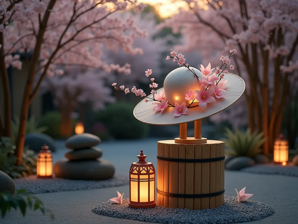 Zen Garden Party Hat Display - A serene Japanese-inspired garden scene at dusk, captured with a wide-angle lens showing a elegant garden party hat displayed on a weathered bamboo pedestal. The hat features intricately arranged silk cherry blossoms cascading down one side, with delicate white origami cranes suspended from tiny branches. Soft lantern lighting illuminates the scene, casting gentle shadows across a peaceful zen garden backdrop with raked gravel patterns. Natural bamboo stems frame the composition, while a small stone water feature creates subtle reflections. Shot at f/2.8 with shallow depth of field creating dreamy bokeh of pink and white cherry blossoms in the background. The hat's silhouette is perfectly highlighted against the warm evening sky, creating a harmonious blend of natural and artistic elements.