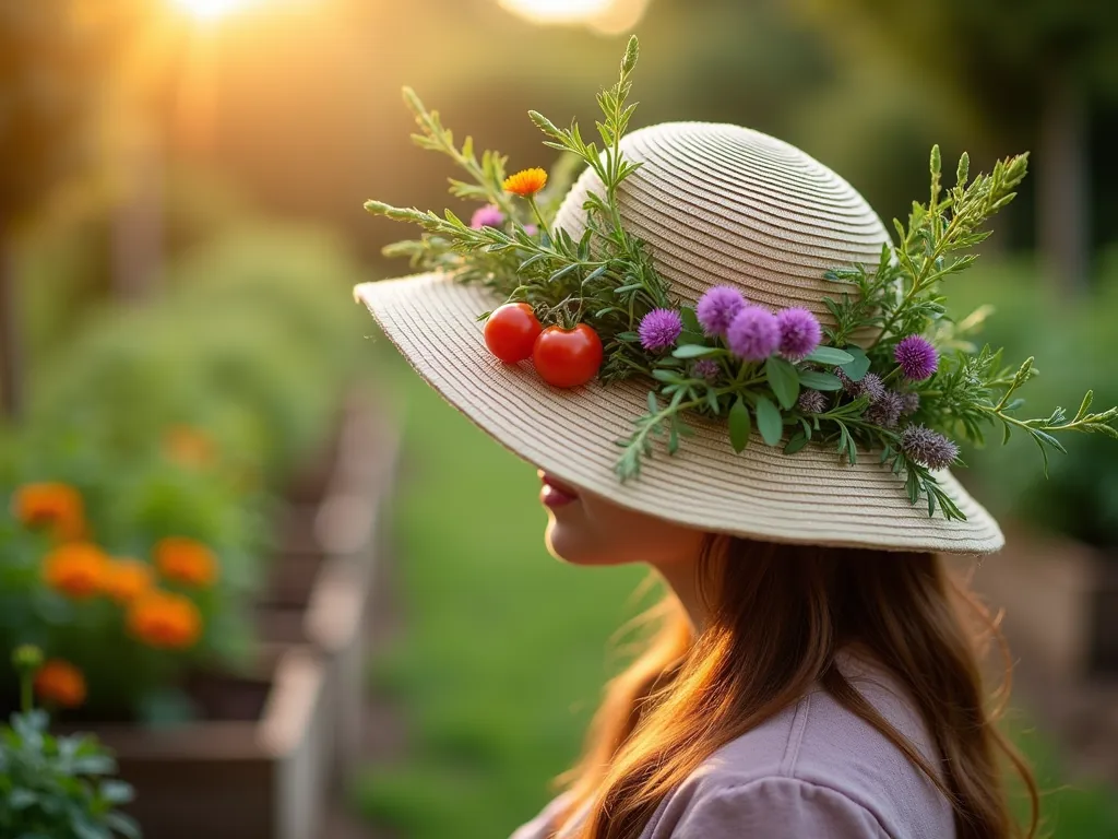 Whimsical Kitchen Garden Party Hat - Close-up shot of an elegant wide-brimmed garden party hat decorated with fresh herbs and miniature vegetables, positioned in a lush kitchen garden setting during golden hour. The hat features sprigs of flowering thyme, delicate purple chive blossoms, trailing rosemary, and tiny cherry tomatoes artfully arranged around the brim. Small edible nasturtium flowers in vibrant orange and yellow add pops of color. The background shows raised garden beds with neat rows of vegetables and herbs, softly blurred with bokeh effect. Natural sunlight filters through the foliage, creating a magical, enchanting atmosphere. Shot with shallow depth of field to highlight the intricate details of the hat's natural decorations.