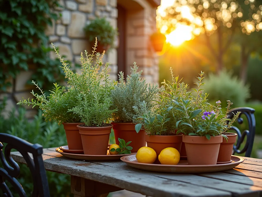 Mediterranean Herb Garden at Sunset - A close-up shot of a lush Mediterranean herb garden on a rustic wooden table at sunset, featuring terracotta pots filled with flowering thyme, oregano, and sage. Delicate olive branches weave through the herbs, while small potted kumquats and Meyer lemons add pops of citrus color. Golden evening light filters through the leaves, creating a warm, ethereal atmosphere. The table is set against a weathered stone wall covered in climbing vines, with a vintage wrought iron chair nearby. Shot with shallow depth of field emphasizing the aromatic herbs in the foreground, with soft bokeh effects on the background garden landscape. 16-35mm lens at f/2.8, ISO 400, capturing the magical golden hour lighting.