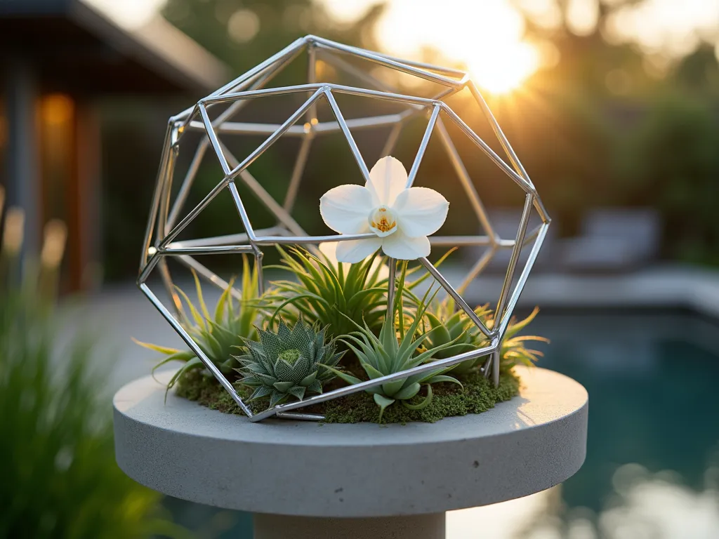 Modern Geometric Garden Party Hat - Close-up dramatic shot of an avant-garde garden party hat, featuring a sleek metallic silver geometric wire frame structure forming hexagonal and triangular patterns, delicately filled with ethereal air plants and minimalist white orchids. The hat is photographed in a contemporary backyard setting during golden hour, with a blurred modern zen garden and geometric pergola in the background. Sharp architectural lines contrast with the organic softness of the Tillandsia air plants, creating an artistic interplay of nature and design. Professional lighting emphasizes the metallic shine and organic textures, shot with shallow depth of field at f/2.8, ISO 400, creating a dreamy bokeh effect.