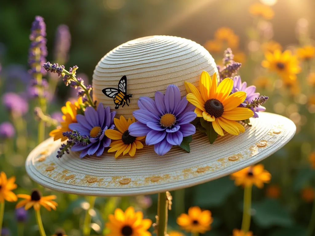 Pollinator's Paradise Garden Hat - DSLR photo, f/8, ISO 100, 1/125s. Close-up shot of an elegant wide-brimmed garden party hat decorated with realistic silk lavender, purple coneflowers, and yellow black-eyed susans arranged in a natural garden style. Delicate golden honeycomb patterns painted along the hat's band sparkle in the late afternoon sun. Handcrafted ceramic bees and detailed fabric butterflies appear to hover above the flowers. The hat is photographed in a lush garden setting with a soft-focus background showing flowering native plants and actual bees visiting blooms, creating a harmonious blend between the hat's design and its natural surroundings. Natural sunlight filters through the scene, creating a magical golden hour atmosphere.