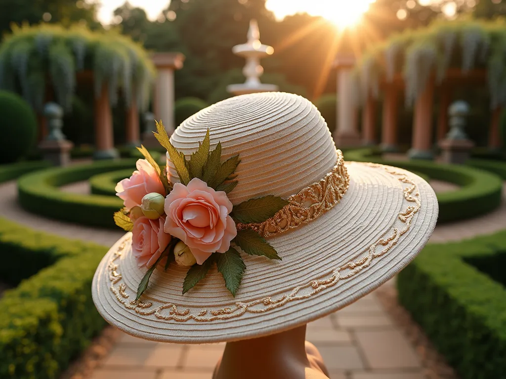 Renaissance Garden Hat Elegance - A close-up shot during golden hour of an ornate wide-brimmed garden party hat displayed in a formal Renaissance-style garden. The hat features intricate geometric patterns inspired by parterre gardens, adorned with delicate silk peonies, classic roses, and gold-leafed laurel leaves. Behind the hat, a beautifully manicured boxwood maze and classical fountain create depth, while climbing wisteria drapes elegantly from a nearby pergola. The warm evening light catches the gold accents on the hat, creating a magical glow that complements the surrounding topiaries and symmetrical flower beds. Shot with a shallow depth of field to emphasize the hat's detailed craftsmanship while maintaining the romantic garden atmosphere. 16-35mm lens at f/2.8, ISO 400.