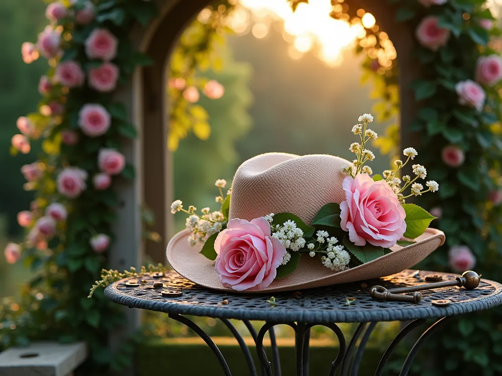 Secret Garden Hat Display - A DSLR wide-angle shot of an enchanting garden scene at golden hour, featuring an ornate vintage hat adorned with climbing pink David Austin roses and delicate white clematis. The hat rests on an antique wrought-iron garden table, surrounded by a collection of rustic copper garden tools and Victorian-era skeleton keys. In the background, a weathered wooden arch draped with climbing roses creates depth, while soft evening light filters through the foliage, casting romantic shadows. The composition includes moss-covered stones and trailing ivy, creating a mysterious, storybook atmosphere. Shot with shallow depth of field to highlight the intricate details of the hat arrangement.