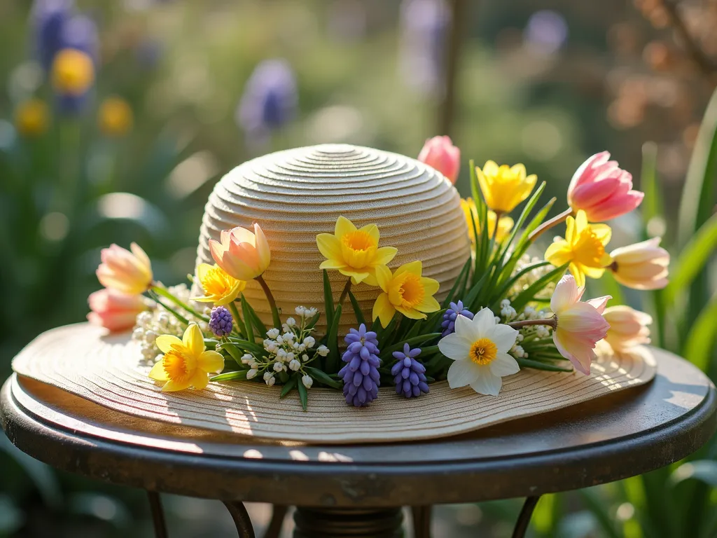 Spring Bulb Garden Party Hat - A close-up, ethereal shot of an elegant wide-brimmed sun hat transformed into a living garden masterpiece, adorned with fresh blooming tulips in soft pink and yellow, white daffodils, and purple hyacinths arranged naturally as if growing from the brim. The hat sits on a vintage garden table on a sun-dappled patio, with a blurred background showing a flourishing spring garden. Morning dew drops glisten on the flowers, catching the gentle early morning light. Soft bokeh effect, dreamy atmosphere, photorealistic style.