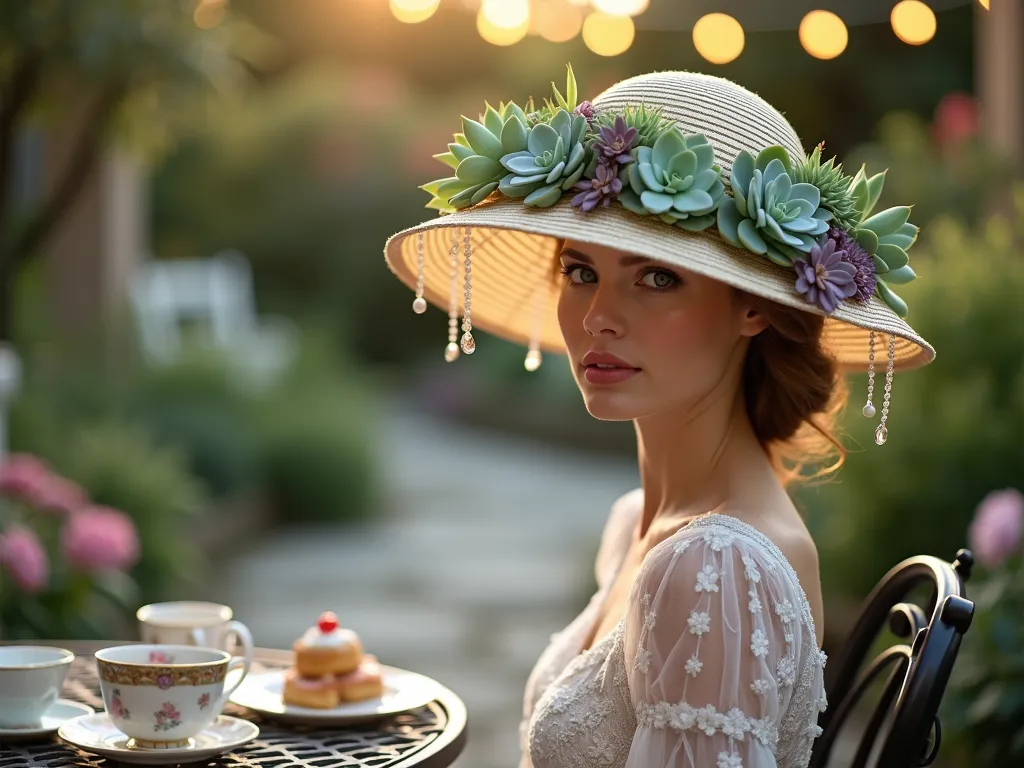 Elegant Succulent Crown Garden Hat - A close-up portrait shot of an elegant garden party hat transformed into a living succulent crown, photographed in a lush garden setting during golden hour. The hat features a masterful arrangement of lifelike artificial echeverias in soft sage greens and dusty blues, interspersed with deep purple sempervivums forming a crown-like pattern around the hat's crown. Delicate strings of pearls succulents cascade gracefully down the wide-brimmed hat, catching the warm evening light. The background shows a softly blurred English garden with blooming roses and a stone pathway, while string lights twinkle in the distance. Shot with shallow depth of field to highlight the intricate details of the succulent arrangement, creating a dreamy, enchanted garden atmosphere. The hat rests on an antique wrought iron garden table, with vintage teacups and delicate pastries completing the garden party scene.