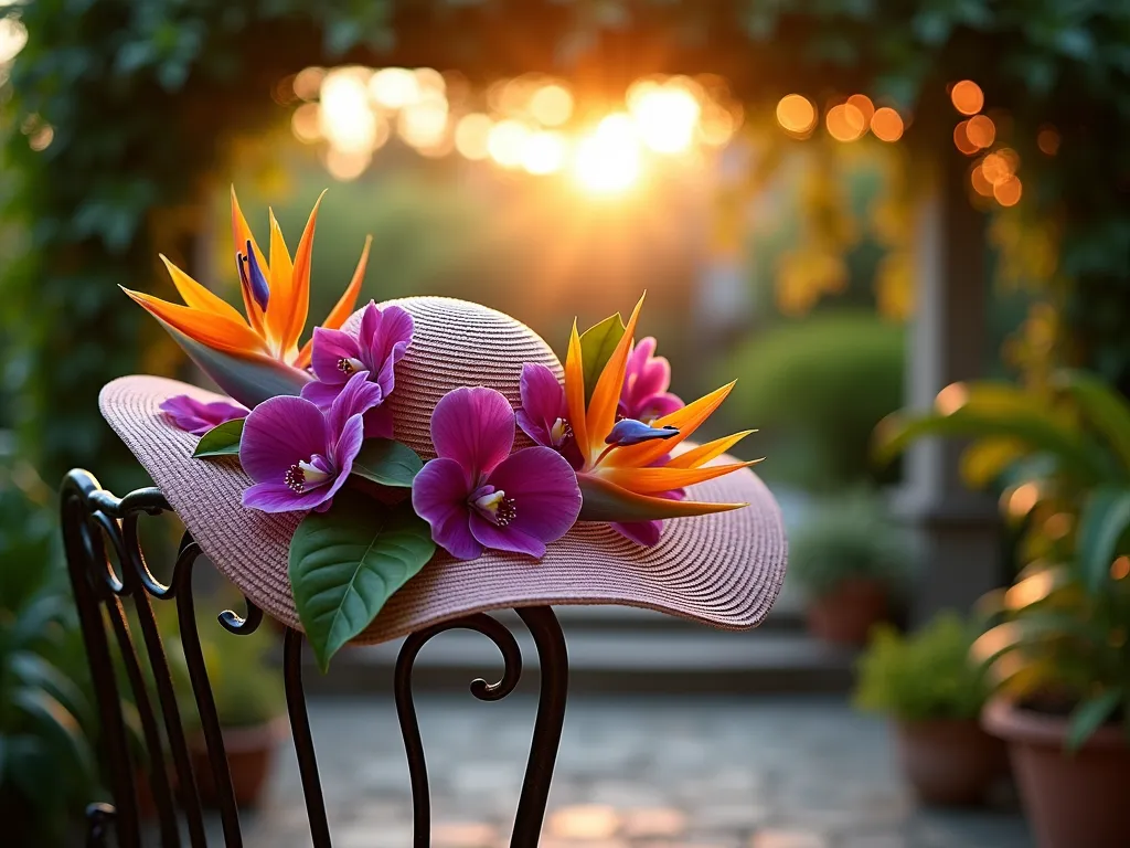 Tropical Paradise Garden Party Hat Display - A stunning close-up photograph of an elaborately decorated wide-brim garden party hat displayed on an elegant wrought iron chair against a lush garden backdrop during golden hour. The hat features cascading purple orchids, vibrant orange bird of paradise flowers, and large glossy monstera leaves artfully arranged. Soft evening sunlight filters through a pergola covered in climbing vines, creating a magical tropical atmosphere. The background reveals glimpses of a sophisticated stone patio with tropical potted plants and twinkling string lights. Shot with shallow depth of field to create a dreamy, enchanted garden aesthetic, using a 16-35mm lens at f/2.8, ISO 400.