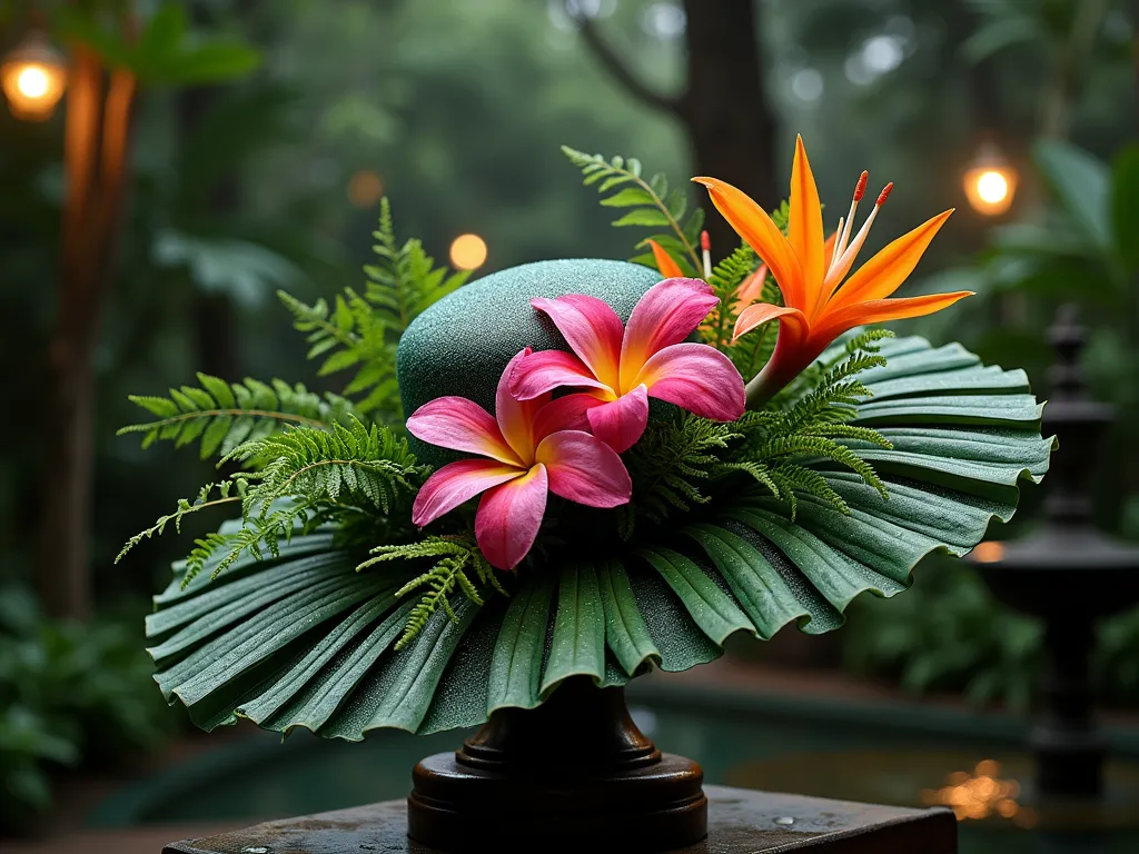 Tropical Garden Party Hat Display - A stunning close-up shot of an elegant garden party hat adorned with cascading layers of fresh ferns, monstera leaves, and vibrant orchids, set against a twilight garden backdrop. The hat rests on an antique wooden pedestal near a lush tropical garden corner featuring a stone fountain. Soft garden lights illuminate the dramatic arrangement, creating ethereal shadows through the layered foliage. The hat's design mirrors a natural rainforest canopy, with delicate philodendron leaves draping down its wide brim, interspersed with exotic pink and orange heliconia flowers. Dew drops glisten on the leaves, adding a magical quality to the scene. Photorealistic, botanical elegance, dramatic lighting, 4K resolution.