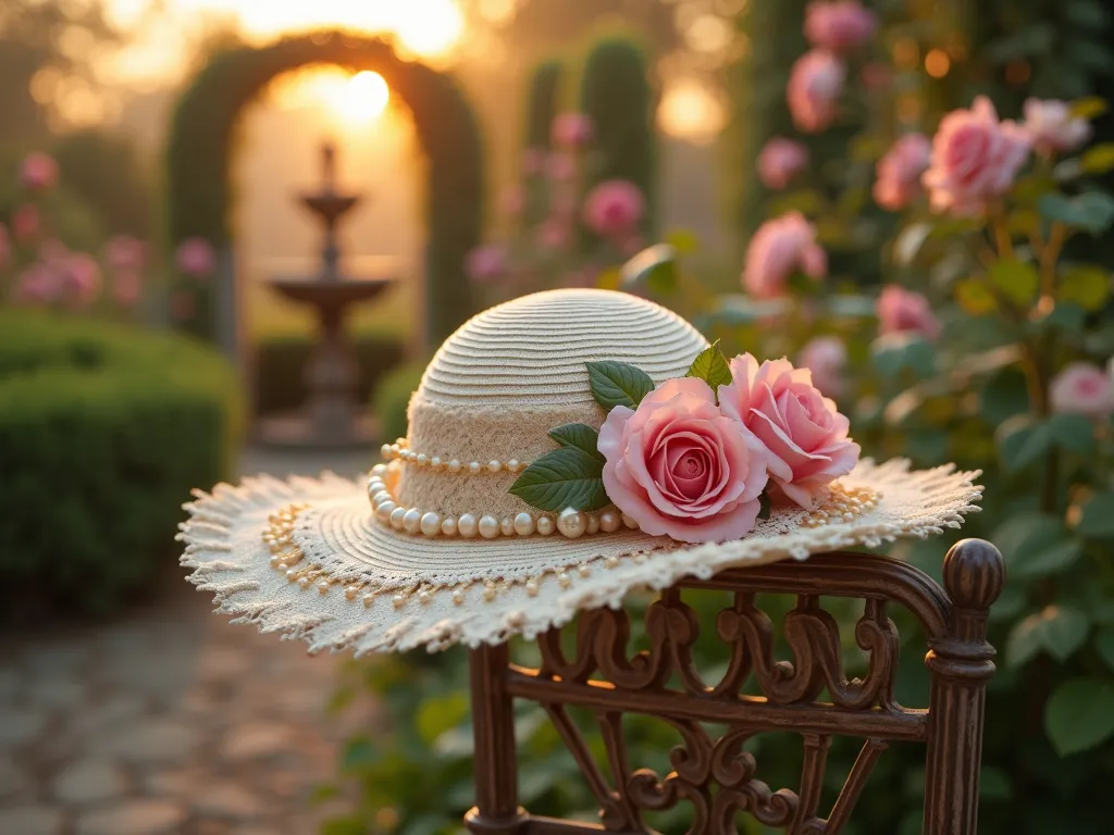 Victorian Rose Garden Hat at Sunset - A close-up cinematic shot of an elegant wide-brimmed Victorian-style hat resting on an ornate wrought iron garden chair, set against a blurred English rose garden backdrop at golden hour. The hat features delicate climbing pink roses intertwined with cream-colored vintage lace cascading down the brim, adorned with strings of lustrous pearls. Soft sunset light filters through climbing rose arbors in the background, creating a dreamy, romantic atmosphere. The garden setting showcases classic boxwood hedges, a weathered stone fountain, and climbing roses on antique trellises, all bathed in warm, ethereal lighting. Photorealistic, detailed texture, soft bokeh effect, 8k resolution.