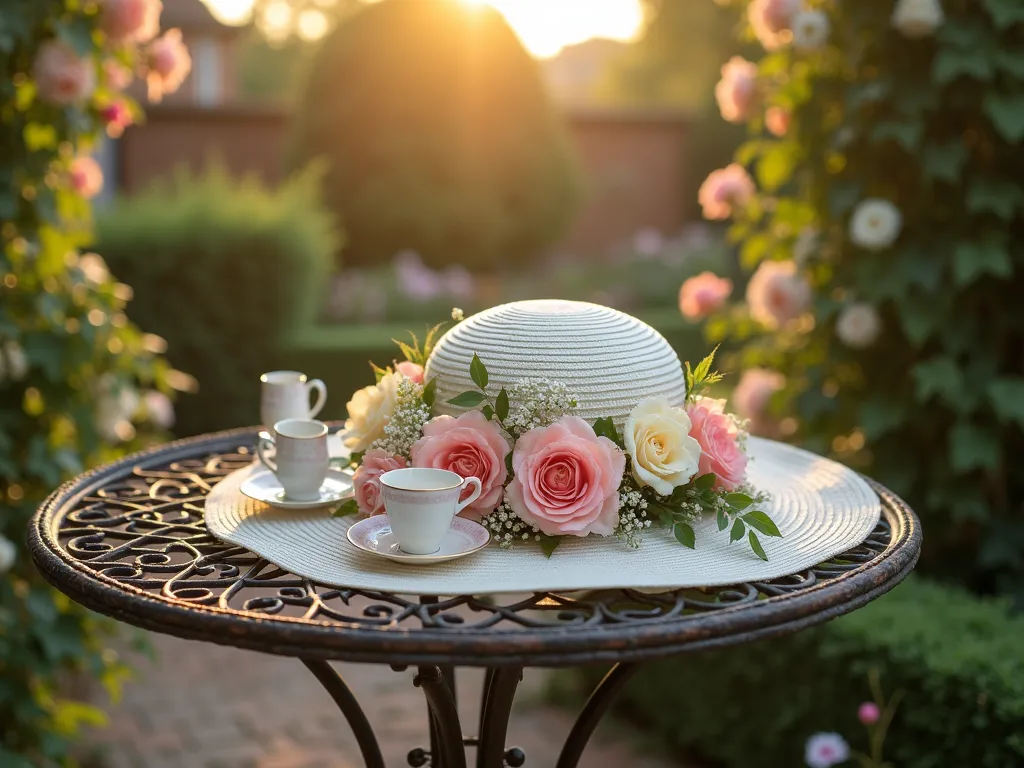 Vintage English Garden Tea Party Hat Display - A stunning DSLR photograph of an elegant garden hat display in a charming English garden setting during golden hour. The wide-angle shot captures a vintage wrought-iron garden table set against blooming rose bushes and climbing ivy. The centerpiece is an exquisite wide-brimmed hat adorned with fresh English roses in soft pink and cream, delicate forget-me-nots, and cascading ivy tendrils. Miniature vintage porcelain teacups and saucers in pastel hues are artfully nestled among the floral arrangements on the hat's brim. The scene is backlit by warm evening sunlight filtering through the garden foliage, creating a dreamy, sophisticated atmosphere. The composition includes a tasteful blur of manicured hedges and flowering borders in the background, with a glimpse of a classic brick garden path. Shot at f/8 for optimal depth of field, capturing both the intricate hat details and the enchanting garden setting.