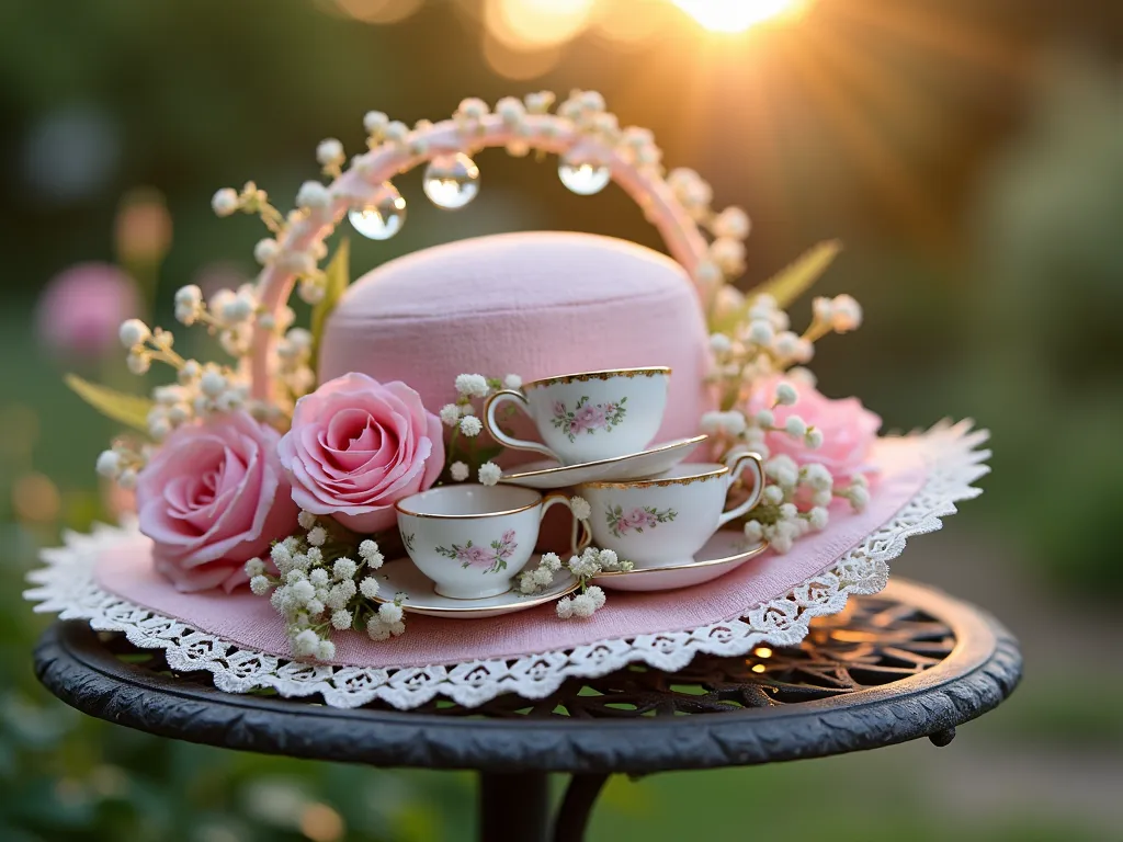 Whimsical Garden Tea Party Hat Display - A close-up DSLR shot of an elaborate garden party hat adorned with vintage miniature porcelain teacups and saucers nestled among fresh pink garden roses, delicate baby's breath, and flowing silk ribbons in pastel hues. The hat rests on an antique wrought-iron garden table during golden hour, with a soft-focused English cottage garden backdrop. Crystal prisms hanging from the hat's brim catch the warm evening light, creating magical sparkles. Shot with a wide-angle lens at f/8, capturing the intricate details of the teaware and the natural texture of the flowers, while maintaining the dreamy garden atmosphere. Delicate lace trim edges the hat's brim, complementing the vintage tea party theme.