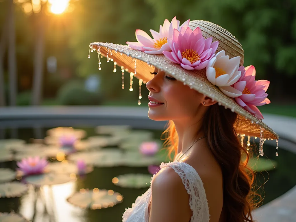 Elegant Water Garden Party Hat - Close-up shot of an enchanting wide-brim garden party hat adorned with delicate water lilies and pink lotus flowers, photographed in a serene backyard setting at golden hour. Crystal water droplets shimmer on the flowers, creating a mesmerizing effect. The hat is positioned near a reflecting pool with floating lilies, creating a perfect mirror image. Shot with shallow depth of field, the background features a softly blurred Japanese maple and bamboo grove. The warm evening light catches the water droplets, creating magical prismatic effects across the hat's flowing design. Digital camera, 16-35mm lens, f/2.8, ISO 400, emphasizing the ethereal quality of the water garden theme.