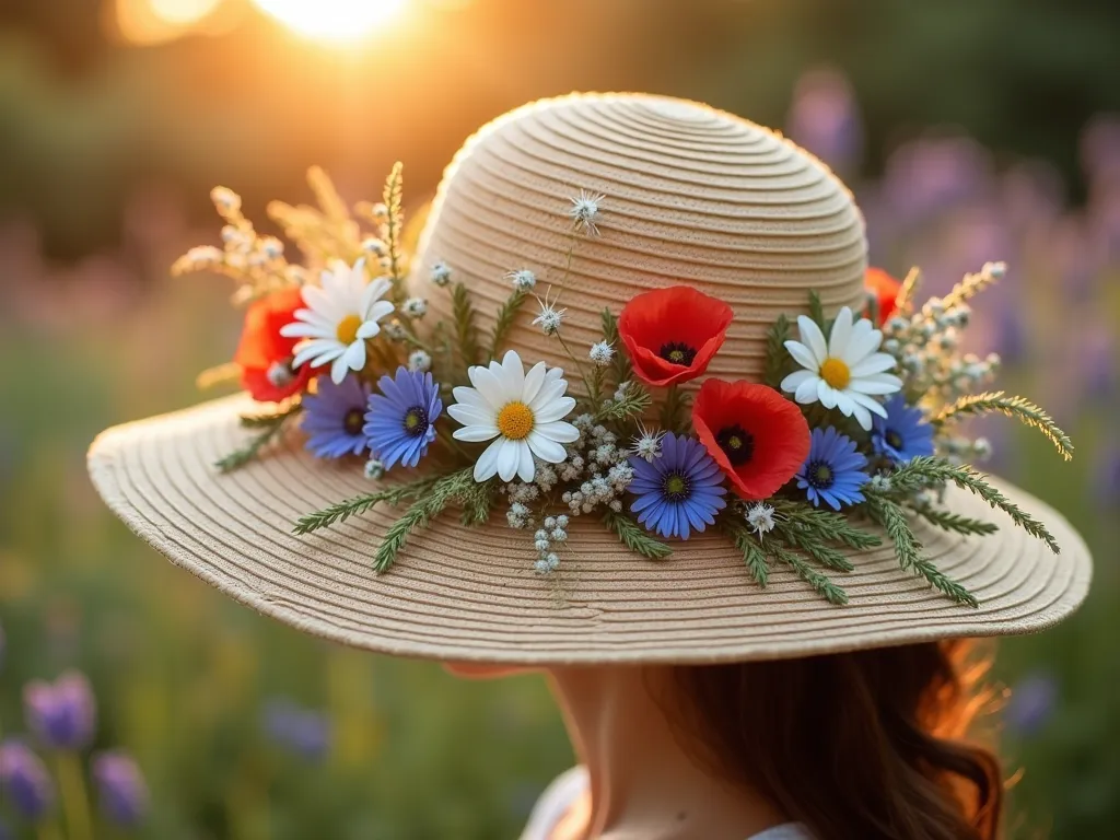 Garden Party Hat with Wildflower Meadow Design - A close-up, dreamy photograph of an elegant wide-brimmed sunhat photographed in a sunlit garden setting during golden hour. The hat is adorned with a stunning array of realistic silk wildflowers, including delicate white daisies, vibrant blue cornflowers, and dramatic red poppies, intertwined with wispy ornamental grasses. The flowers are arranged in a naturalistic, meadow-like pattern that appears to dance around the crown of the hat. Soft bokeh effect in the background reveals a blurred cottage garden with climbing roses and lavender. The warm evening sunlight filters through the flowers, creating ethereal highlights and gentle shadows across the hat's textured straw surface. Shot with shallow depth of field at f/2.8, creating a dreamy, romantic atmosphere.