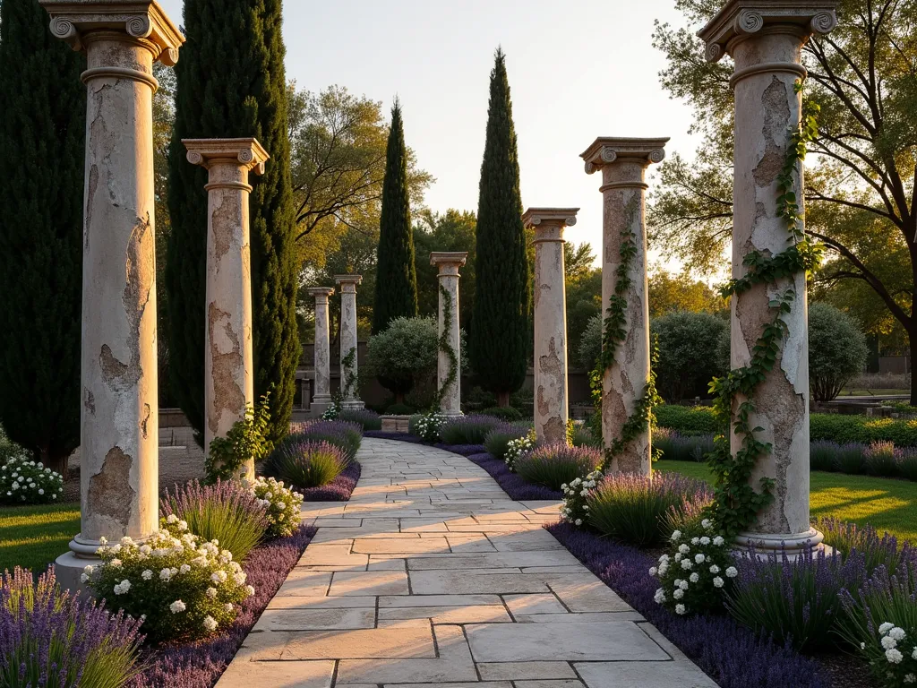 Ancient Garden Ruins at Twilight - A romantic garden scene at twilight featuring weathered Greco-Roman style stone pillars with intentionally crumbling facades and climbing ivy. The pillars, arranged in a gentle curve, stand 8 feet tall against a modern landscaped garden. Soft evening light casts long shadows across a stone paved pathway, while Mediterranean cypress trees create a dramatic backdrop. Beds of lavender and white roses surround the base of the columns, with strategic uplighting highlighting the pillars' distressed texture. Shot with a wide-angle lens to capture the atmospheric perspective, with golden hour lighting creating a mystical ambiance. Captured with a digital camera, 16-35mm lens, f/2.8, ISO 400.