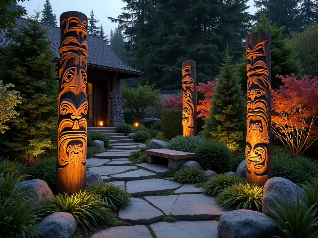 Mystical Garden Totem Pillars at Dusk - A serene garden path illuminated by warm dusk light, featuring two 8-foot tall hand-carved wooden totem pillars positioned along natural stone steps. The pillars showcase intricate Pacific Northwest indigenous art patterns, with carved eagles, bears, and salmon spiraling upward. Native ferns and hostas cluster around their bases, while Japanese maples create a dramatic backdrop. Solar-powered ground lights cast ethereal shadows from the pillars onto a nearby curved garden wall. The pillars are weathered to a rich cedar tone, with moss naturally accenting the deeper carved sections. A stone bench sits between the totems, creating a meditative garden space. Photorealistic, dramatic lighting, wide angle perspective with focus on architectural details, atmospheric