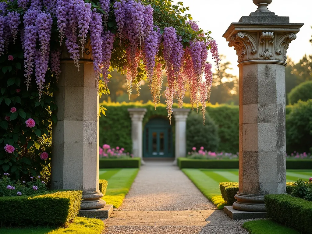 Classical Garden Pillars with Wisteria - A majestic pair of weathered limestone pillars with ornate Corinthian capitals in a formal garden setting at golden hour. The 8-foot tall classical columns frame a curved garden pathway, with cascading purple wisteria gracefully draping over the capitals. The pillars cast long shadows across manicured lawn, while climbing roses in soft pink intertwine with the wisteria. Shot from a low angle to emphasize grandeur, with soft evening light highlighting the intricate carved details of the capitals. The limestone's natural patina creates a warm, timeless atmosphere, complemented by structured boxwood hedges and lavender borders. Captured with shallow depth of field to showcase the architectural details while maintaining garden context. f/8, ISO 100, 1/125s.