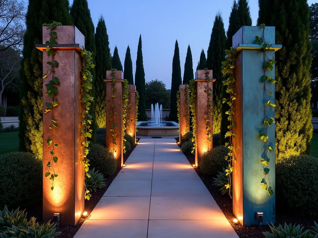 Elegant Copper Garden Pillars with Patina - A stunning twilight photograph of an elegant garden pathway flanked by tall copper pillars exhibiting a rich verdigris patina, photographed with a DSLR camera at f/8. The 8-foot pillars showcase varying stages of copper oxidation, from warm metallic copper to ethereal blue-green patina, complemented by climbing jasmine vines. Soft landscape lighting illuminates the pillars from below, creating dramatic shadows on the surrounding stone pavement. A modern water feature in the background adds depth, while Mediterranean cypress trees frame the scene. The composition captures the magical transition between day and night, with the copper pillars taking center stage in this sophisticated garden design.