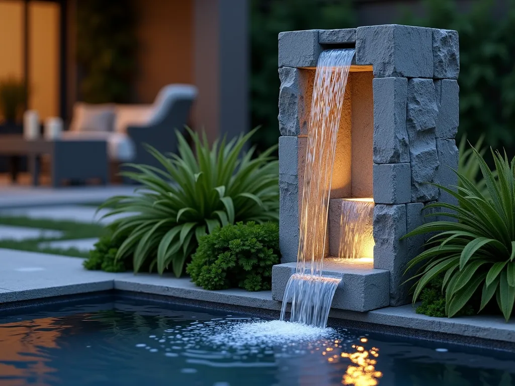 Elegant Garden Water Pillar at Dusk - A stunning close-up shot of a weathered limestone pillar at dusk, with water cascading down its textured surface in elegant ribbons. Soft landscape lighting illuminates the flowing water, creating a magical shimmer effect. The hollow pillar stands 6 feet tall in a tranquil garden setting, surrounded by ornamental grasses and hostas. Small LED lights embedded within the pillar's channels make the water gleam with a subtle blue glow. The background shows a blurred patio space with comfortable seating, while the foreground captures the reflection pool at the pillar's base, creating perfect mirror images of the water feature. Photorealistic, high-end garden design, atmospheric lighting, 8k resolution.