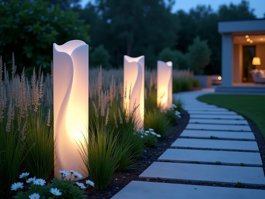 Ethereal Cloud Pillar Garden at Dusk - A twilight garden scene featuring three modern, sculptural garden pillars with smooth, undulating cloud-like tops, positioned along a curved garden path. The pillars, standing 7 feet tall, glow softly from within with warm white LED lighting, casting ethereal patterns on surrounding ornamental grasses. The pillars are crafted from frosted acrylic and white-painted steel, their organic shapes contrasting with geometric patio pavers below. Japanese forest grass and white flowering cosmos sway gently in the foreground, while the background shows a contemporary deck area. Captured at blue hour with a dreamy bokeh effect, shot at f/2.8, creating a magical atmosphere where the illuminated pillars appear to float above the landscape. Wide-angle perspective emphasizing the pillars' relationship with the entire garden space.