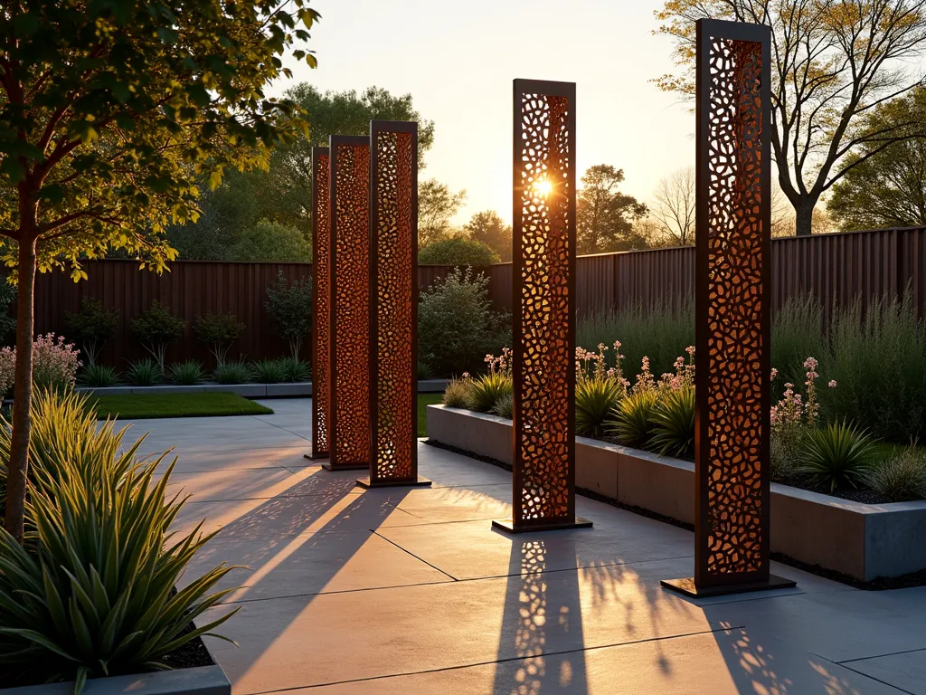 Modern Geometric Metal Garden Pillars at Sunset - A stunning twilight garden scene featuring tall, sleek metal pillars with intricate laser-cut geometric patterns, photographed with a 16-35mm lens at f/2.8, ISO 400. The 8-foot pillars cast dramatic honeycomb shadows across a contemporary stone patio, while delicate clematis vines weave through the geometric cutouts. Warm sunset light filters through the metalwork creating a mesmerizing interplay of light and shadow. The pillars are finished in a dark bronze metal, contrasting beautifully with the surrounding modern landscape design featuring minimalist concrete planters and architectural grasses. Shot from a low angle to emphasize the pillars' height and dramatic shadow patterns.