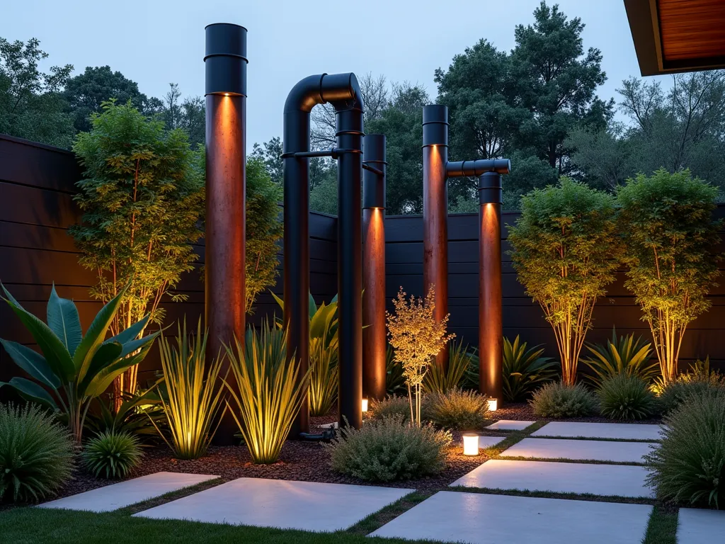 Modern Industrial Pipe Garden Pillars at Dusk - A wide-angle twilight shot of a contemporary backyard garden featuring striking industrial-style pillars made from repurposed steel pipes of varying diameters. The pillars, standing 8 feet tall, combine matte black and weathered copper-toned pipes arranged in artistic clusters. Warm LED lights are subtly integrated within the pipes, creating a dramatic interplay of light and shadow across the garden. Modern architectural plants like elephant ears and bamboo provide organic contrast to the metallic structures. A sleek concrete patio extends beneath, while climbing jasmine begins to weave through the smaller pipes, softening the industrial aesthetic. Photorealistic, high-end architectural photography style.