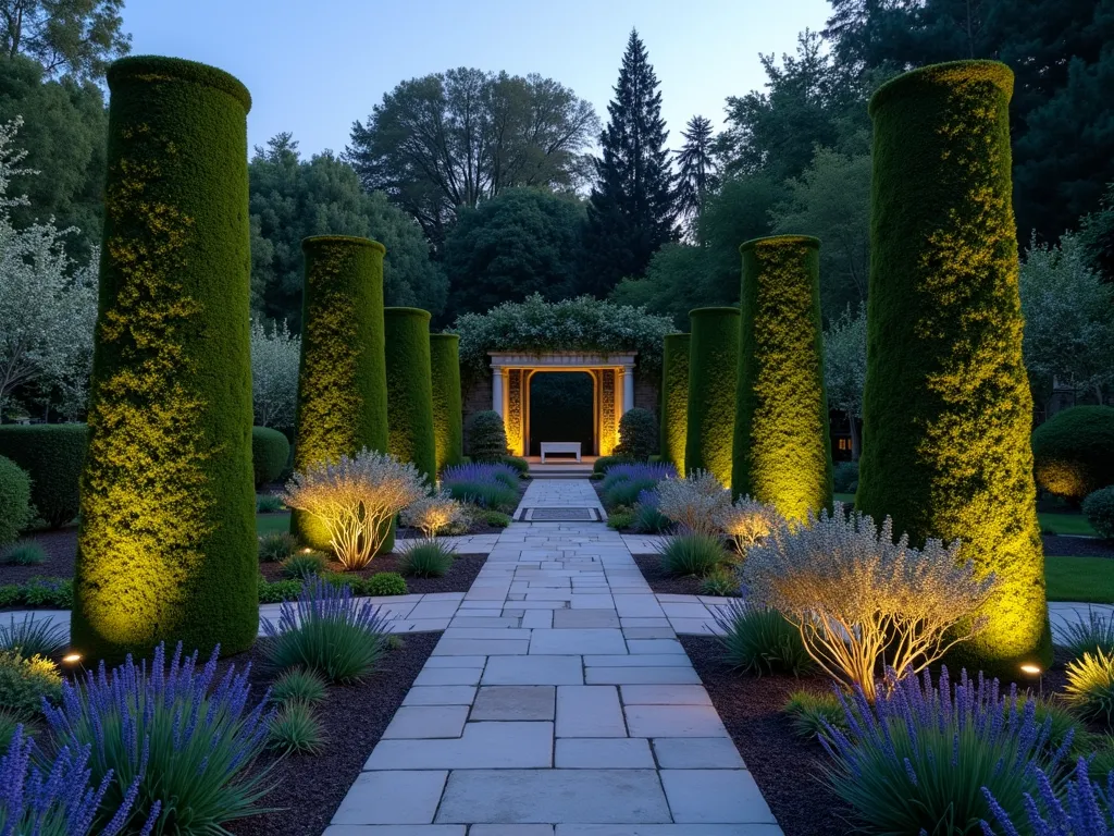 Living Tree Pillars at Twilight - A serene twilight garden scene featuring meticulously shaped columnar yew trees forming elegant living pillars, 15 feet tall, arranged along a winding flagstone path. The trees are expertly pruned into perfect cylindrical forms, creating natural architectural elements. Soft garden lighting illuminates the base of each living pillar, casting gentle shadows across the path. Purple and white flowering vines delicately wind around the lower portions of the pillars. A classical stone bench sits between two pillars, while a distant pergola frames the scene. Shot with a wide-angle lens at golden hour, capturing the interplay of fading natural light and subtle landscape lighting. The composition shows impressive depth with pristine formal garden beds featuring lavender borders in the foreground. Photographic style emphasizes the architectural quality of the living pillars while maintaining organic garden elements, 8K UHD, professional lighting, remarkable detail.