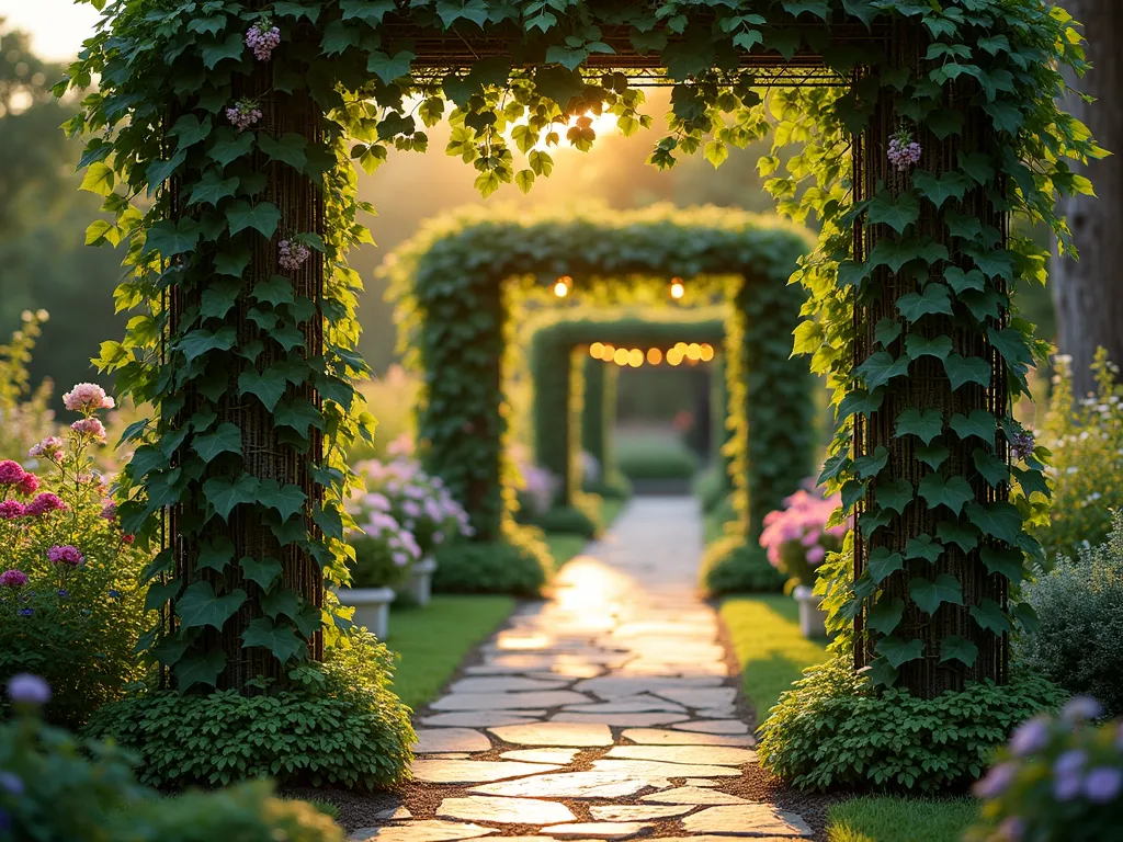 Ethereal Garden Living Columns at Dusk - A tranquil garden scene at dusk featuring elegant cylindrical wire mesh columns, 8 feet tall, completely enveloped in lush climbing vines and flowering plants. The columns create a natural architectural pathway through the garden, with clematis, climbing roses, and morning glories intertwining harmoniously. Golden hour sunlight filters through the foliage, casting intricate shadows on a natural stone pathway below. The columns are photographed from a medium-wide angle perspective, showing their relationship to the surrounding landscape, including complementary perennial beds and a distant stone patio. Soft bokeh effect in the background captures twinkling garden lights beginning to illuminate as day transitions to evening. Professional photograph with dramatic natural lighting and shallow depth of field.