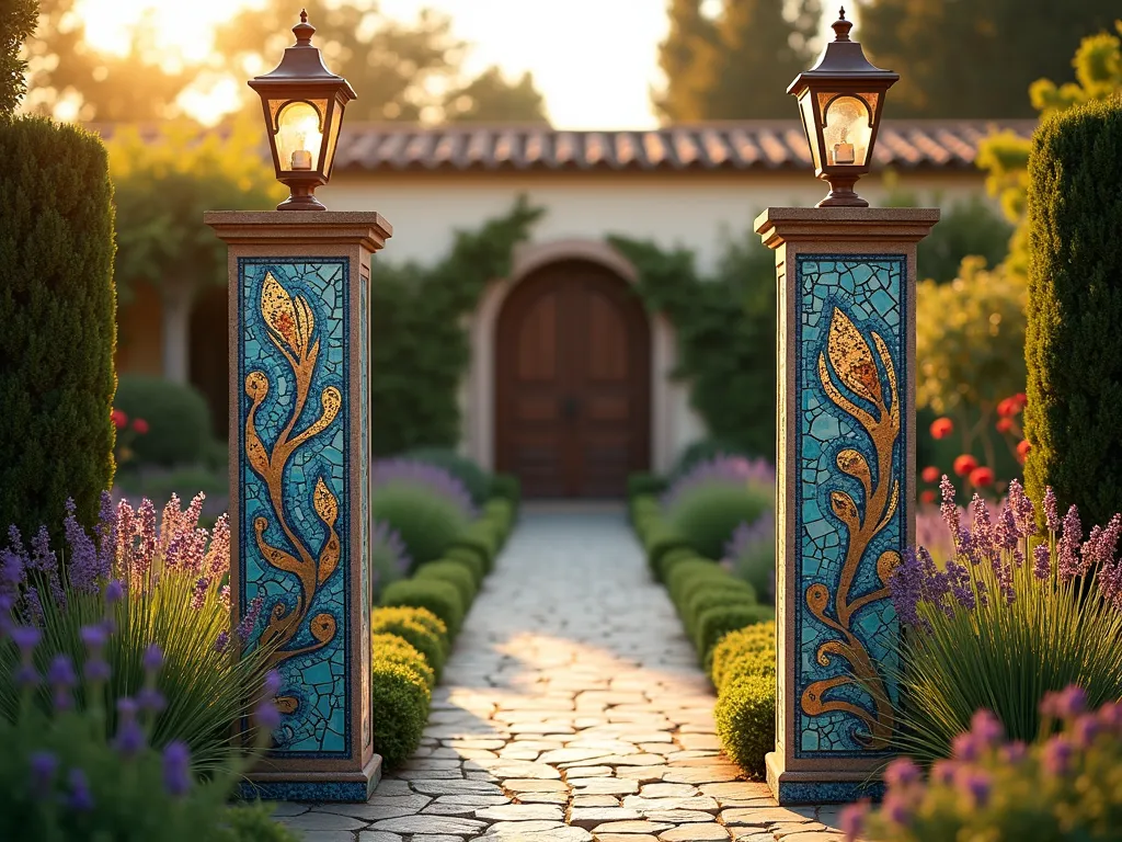 Colorful Mediterranean Mosaic Garden Pillars at Sunset - A stunning wide-angle DSLR photograph of two elegant garden pillars covered in vibrant Mediterranean-inspired mosaic tiles, featuring swirling patterns of deep blues, turquoise, and golden amber pieces catching the warm evening sunlight. The 8-foot columns frame a charming garden pathway, surrounded by lavender and ornamental grasses. The intricate tile work showcases detailed geometric patterns and abstract floral designs, photographed at f/8 with natural sunset lighting creating a magical ambiance. The pillars stand against a softly blurred background of a manicured garden with climbing roses, while copper lanterns crown each column. Shot at golden hour with ISO 100 for crystalline clarity of the detailed mosaic work.